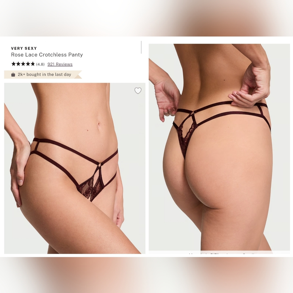 Victoria's secret very sexy Strappy rose lace crotchless thong panty LARGE BROWN